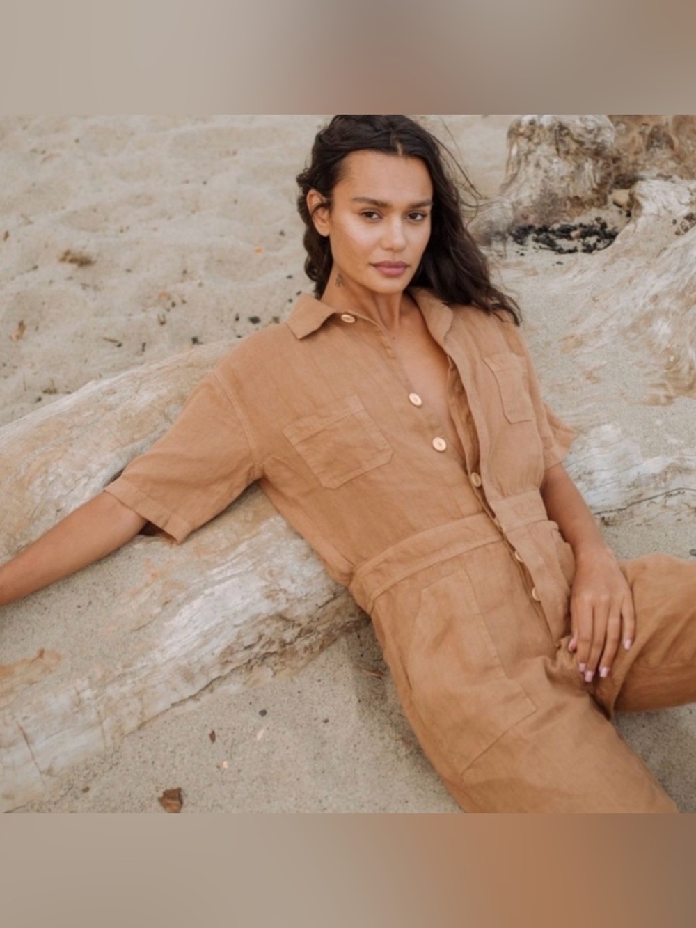 MATE 100% Linen Rust Brown Jumpsuit Small EUC Button Down Summer